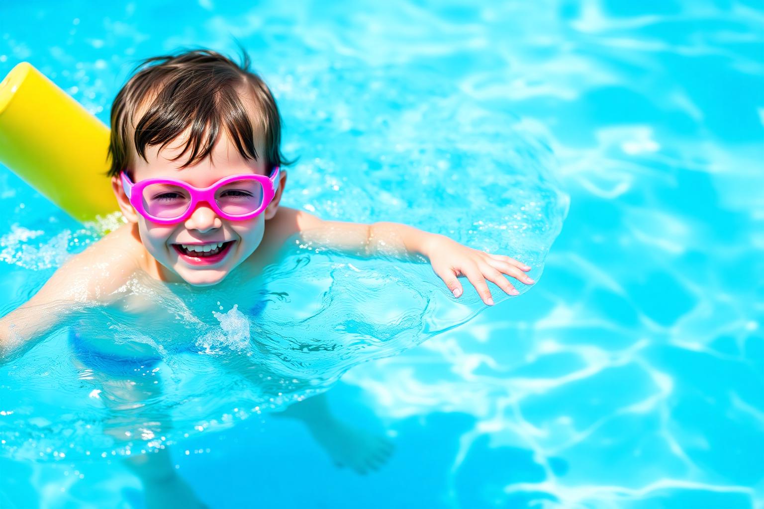 Happy child swimming in a bright pool